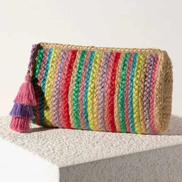 Shiraleah Chicago Melia Multi Color Vegan Jute Clutch Purse Beach Made In India - Picture 1 of 8